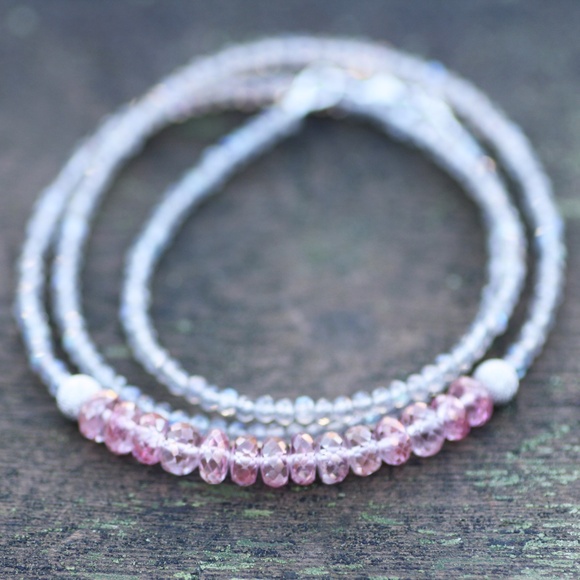 Labradorite, Pink Topaz Wrap Bracelet Convertible Necklace 14k White Gold - Picture 2 of 9